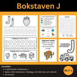 Bokstaven J – 5 arbetsblad för F-1