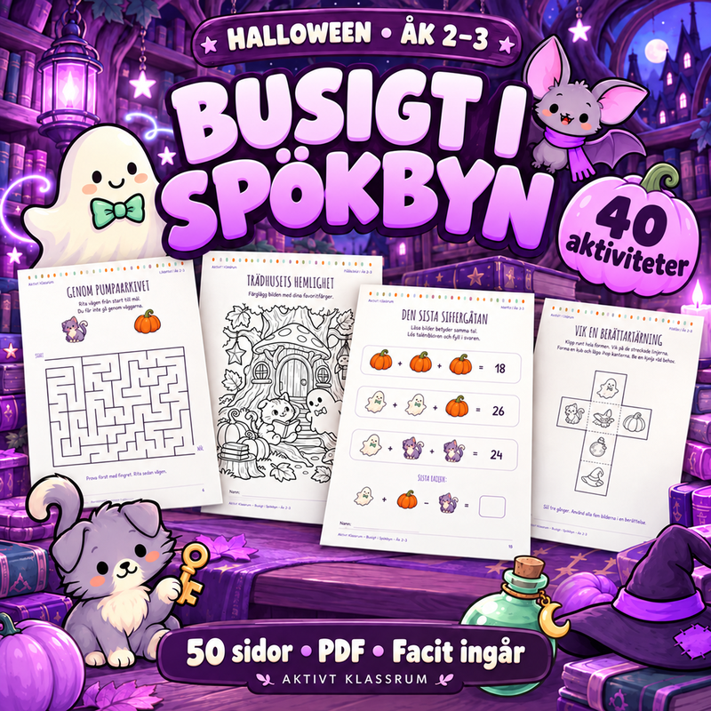 Busigt i Spökbyn – 40 halloweenaktiviteter för åk 2–3 | PDF med facit
