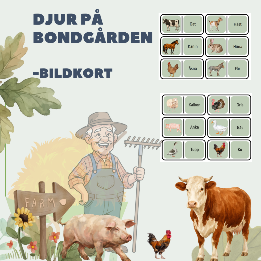 Bondgårdsdjur – Bildkort, Domino, Begreppsträning