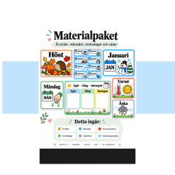 Materialpaket, månader, årstider, temperatur o väder, veckodagar, födelsedagsskyltar