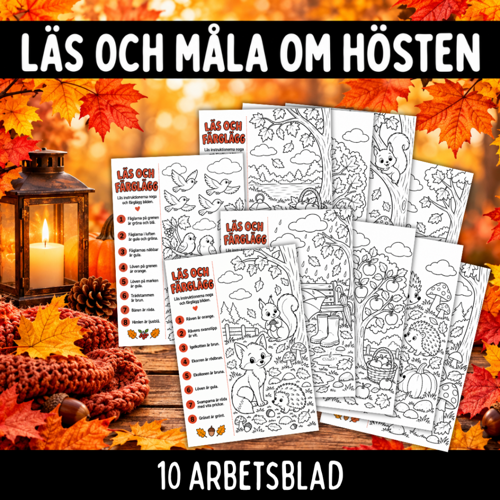 Läs och måla om hösten, 10 sidor, enkla instruktioner