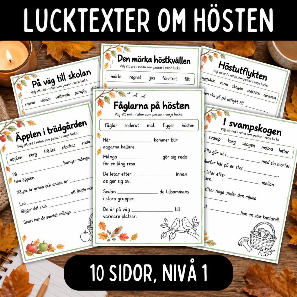 Lucktext om hösten för lågstadiet, 10 sidor, nivå 1