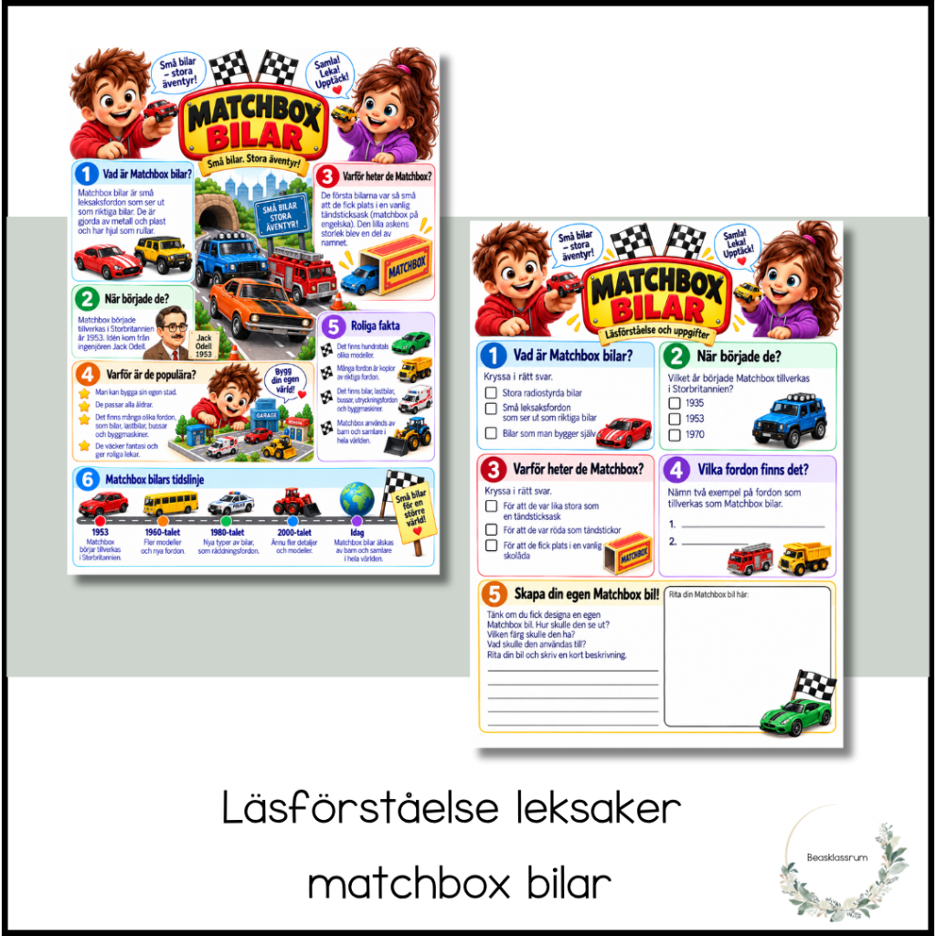 Läsförståelse leksaker – matchbox bilar
