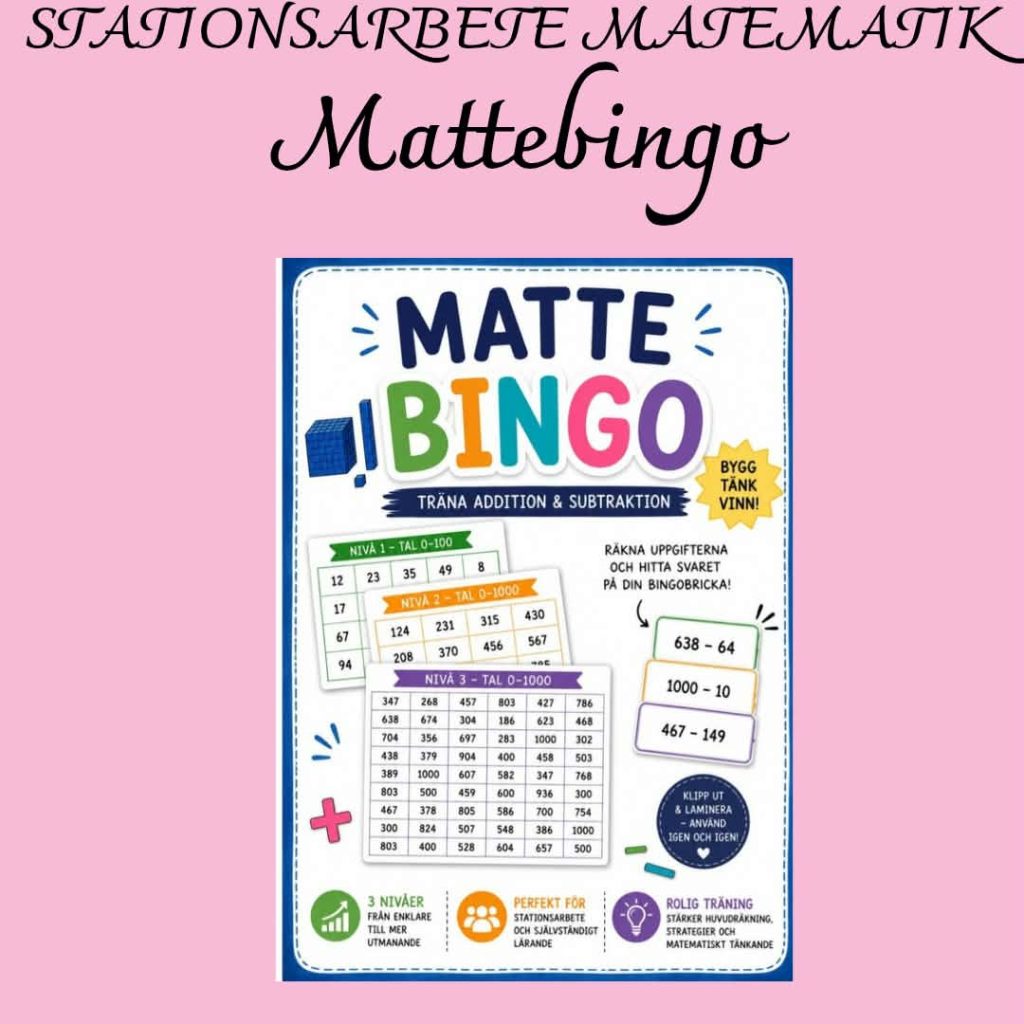 Mattebingo – addition & subtraktion i 3 nivåer | Stationsarbete