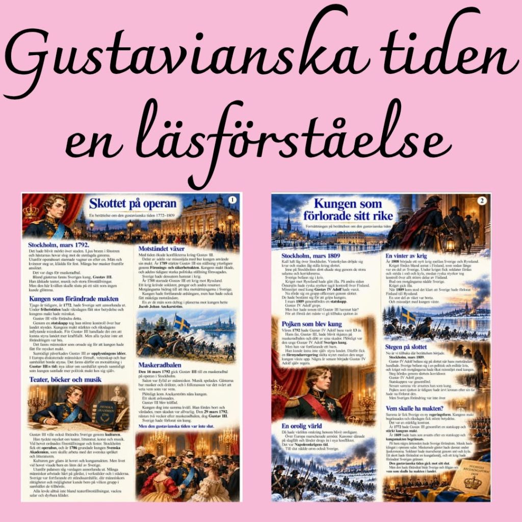 Gustavianska tiden – läsförståelse i historia | Berättelse, 20 frågor + facit