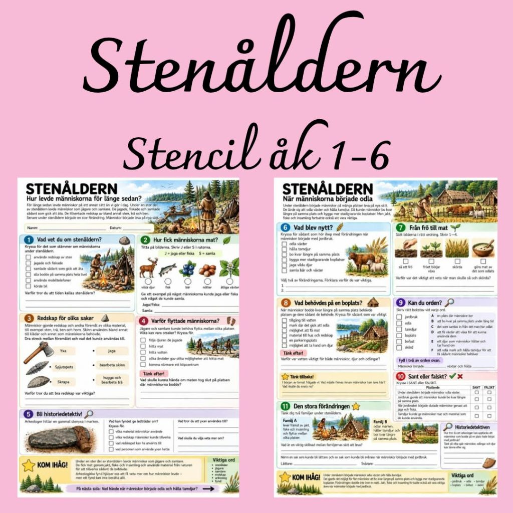 Stenåldern – arbetsblad med läsförståelse, begrepp och historiedetektiv