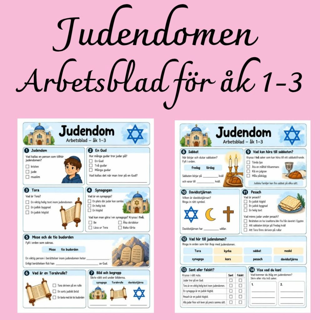 Judendom – arbetsblad med 14 uppgifter och facit | Åk 1–3