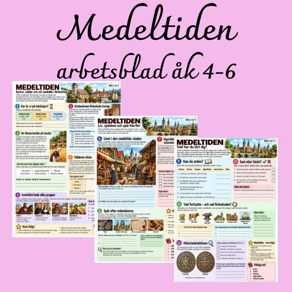Medeltiden – arbetsblad i historia för åk 4–6 | 3 elevsidor + facit