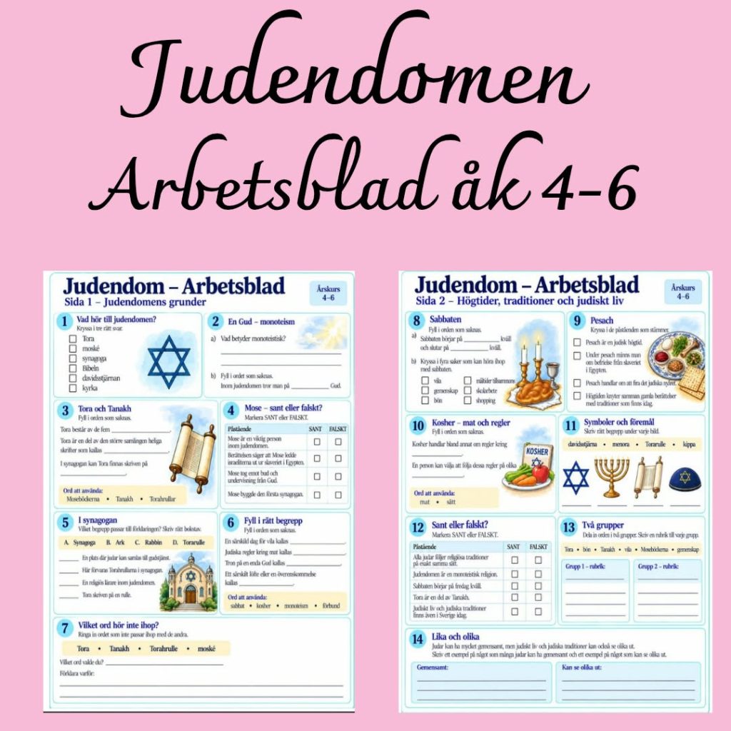 Judendom – arbetsblad med 14 uppgifter och facit | Åk 4–6