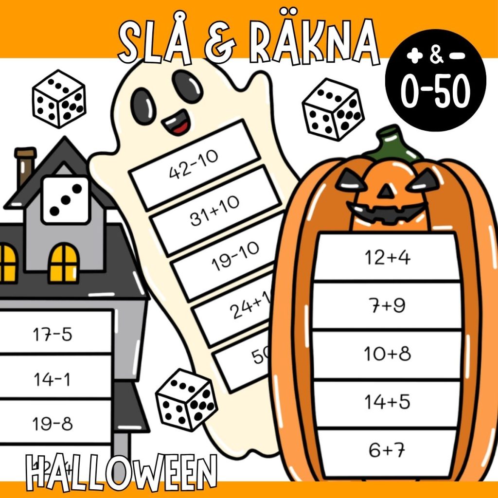 Slå & räkna Halloween – 10 mattespel med addition och subtraktion
