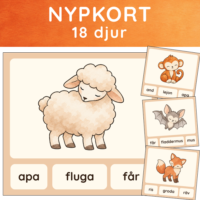 NYPKORT – DJUR | lugna färger | läsa enkla ord f-1