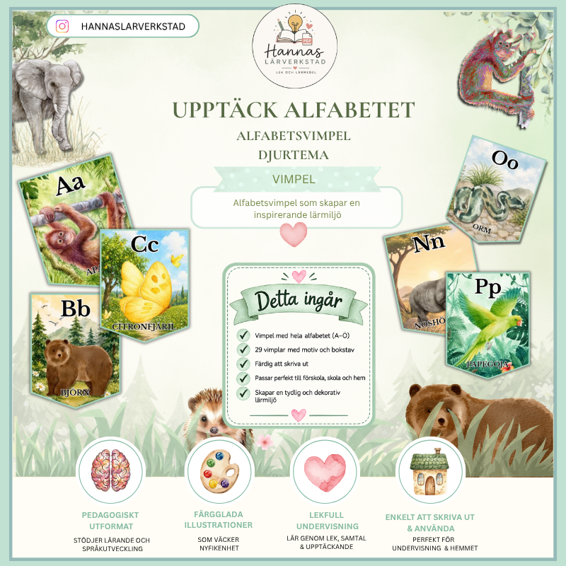 Upptäck alfabetet – Alfabetsvimpel A–Ö | Djurtema