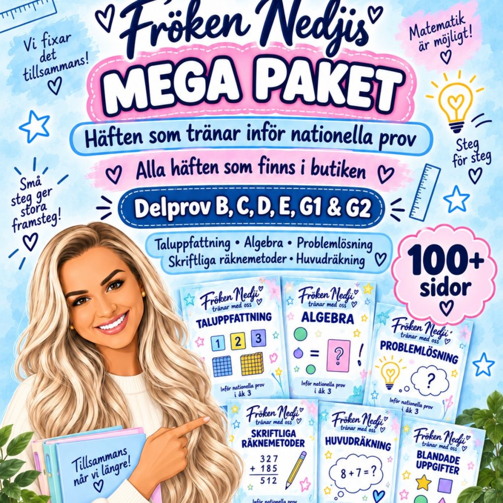 MEGA PAKET – Träna inför nationella prov i matematik åk 3 | Delprov B, C, D, E, G1 & G2 | 100+ sidor