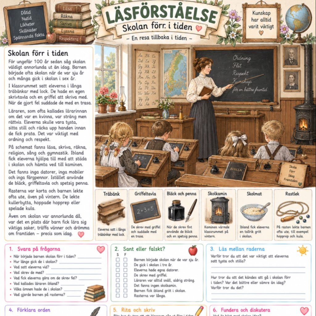 Läsförståelse text om gammaldags skola!