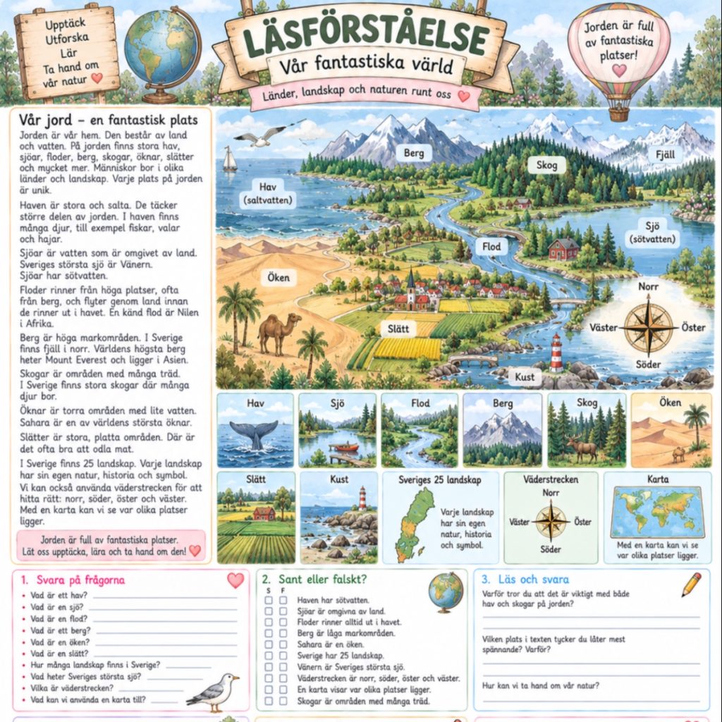 Läsförståelse text om geografi för årskurs 2-3!