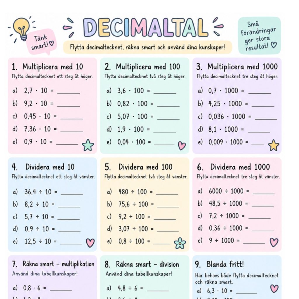 Arbetsblad multiplikation,addition och subtraktion med decimaltal