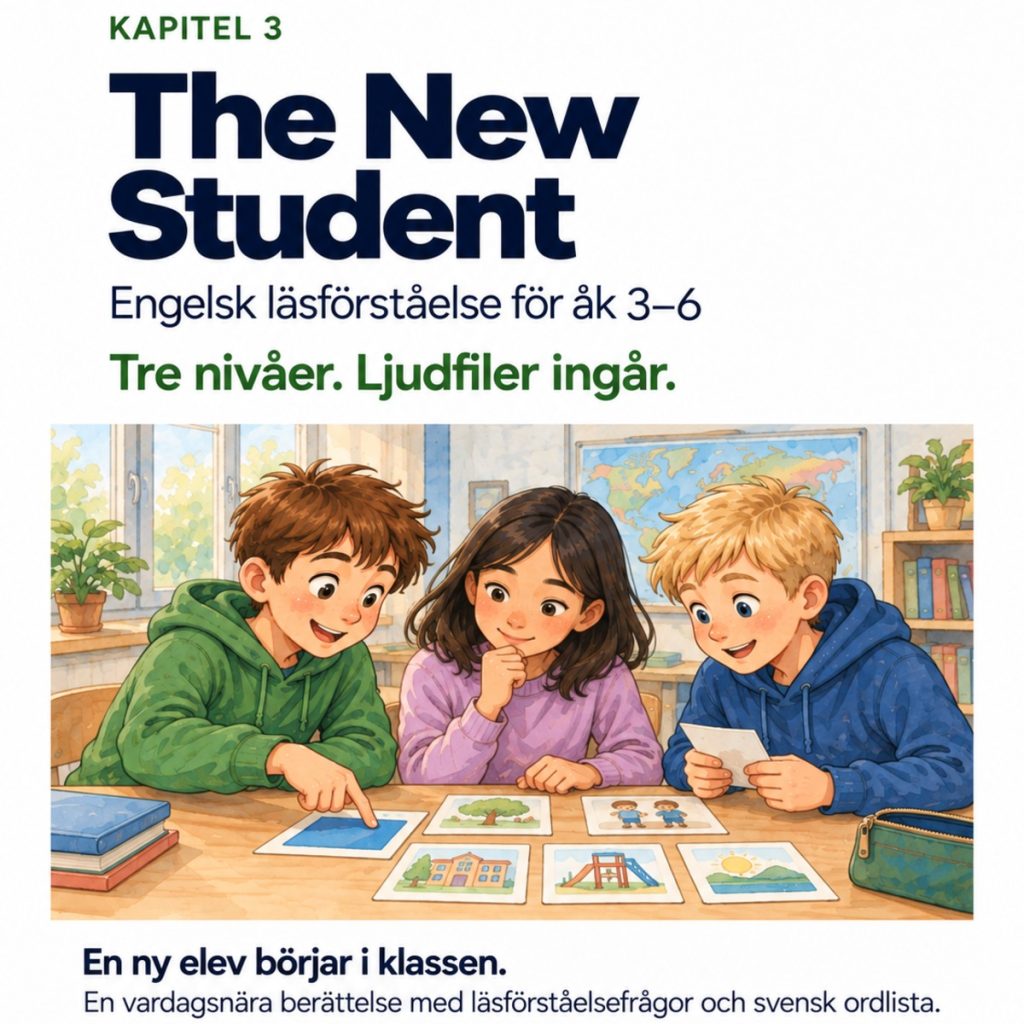 Engelsk läsförståelse med ljudfiler – A New Friend in Class (3 nivåer, kapitel 3)