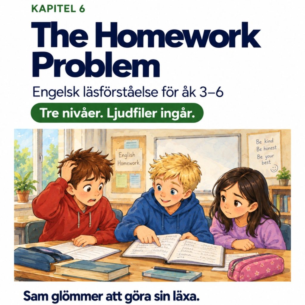 Engelsk läsförståelse med ljudfiler – The Homework Problem (3 nivåer, kapitel 6)