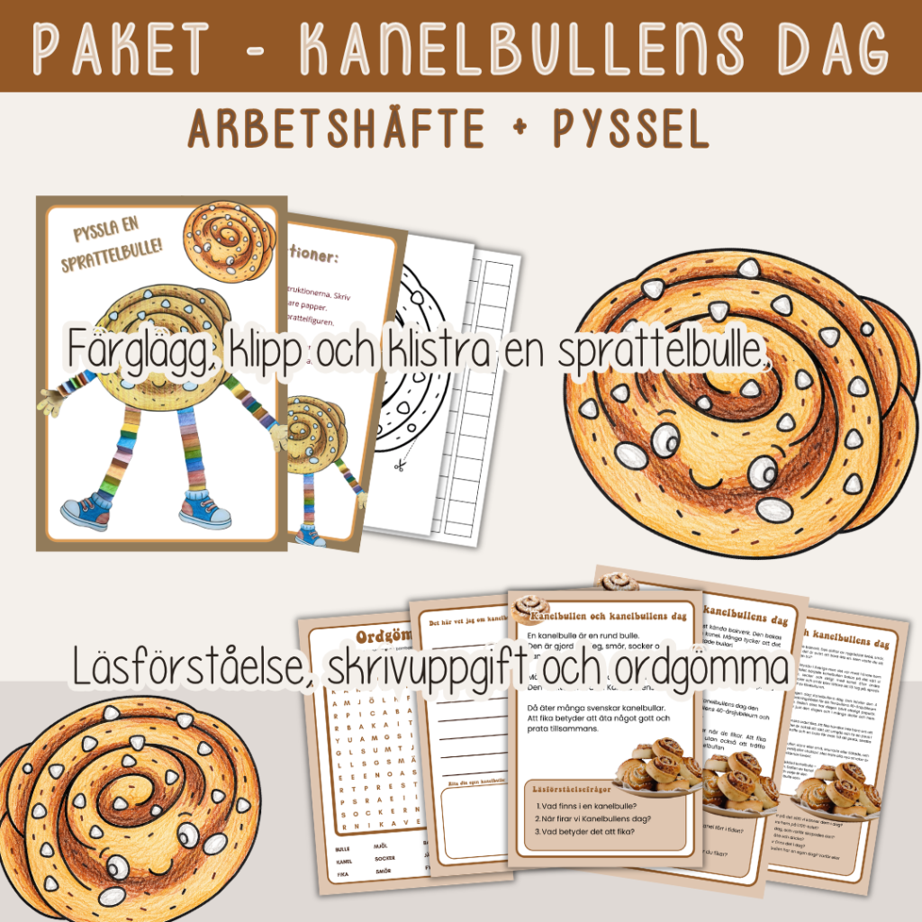 Kanelbullens dag – Paket – Läsförståelse, skrivuppgift, kluirigheter och pyssel