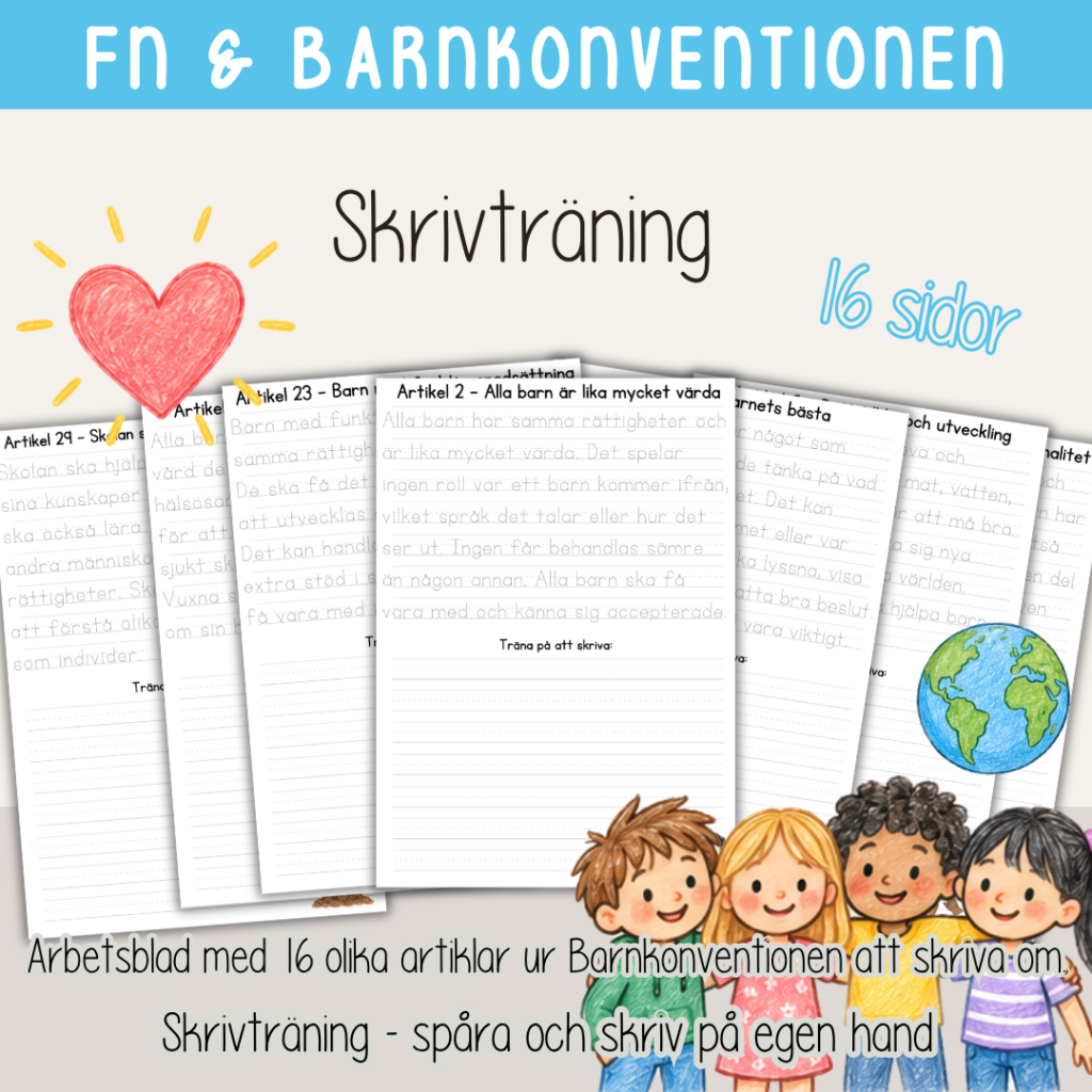 FN-dagen – Barnkonventionen – Skrivträning – Skriv om 16 olika artiklar