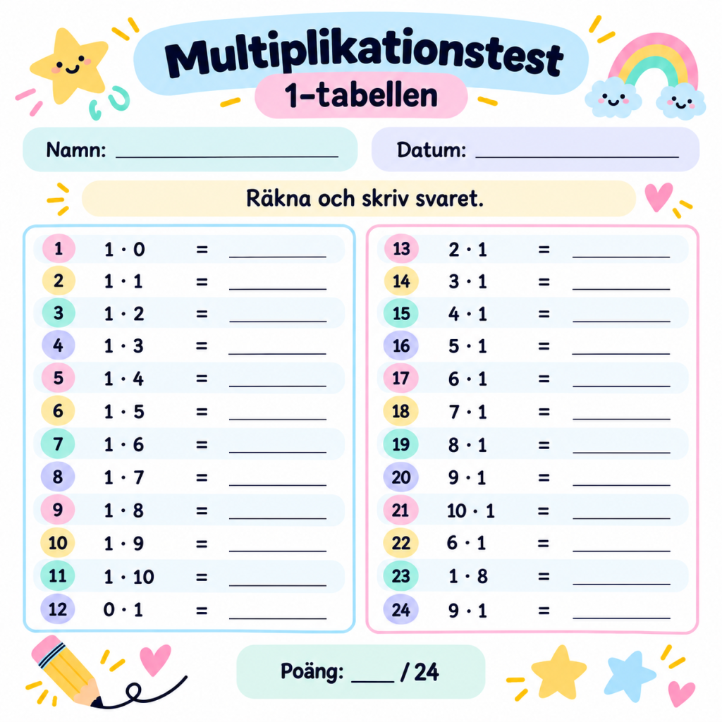 Multiplikationstest – tabellerna 1–10