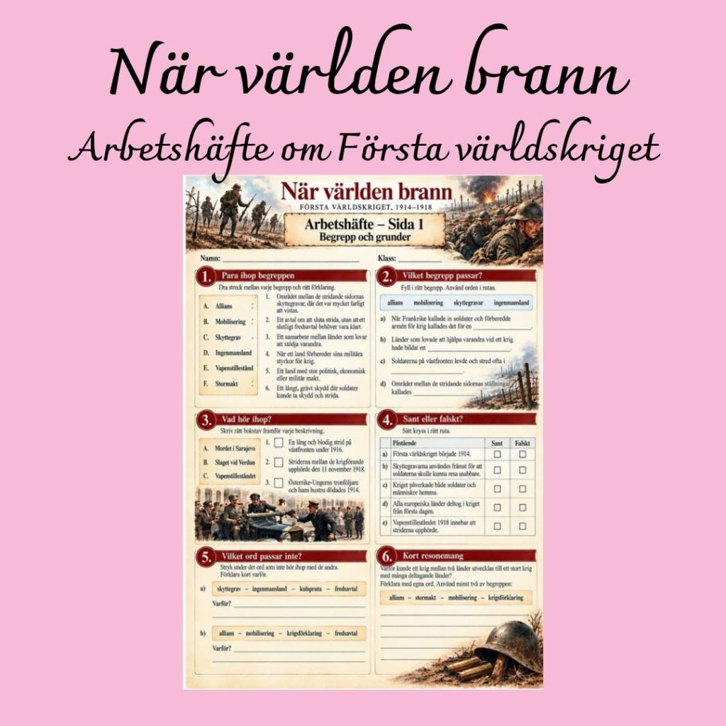 Första världskriget 1914–1918 | Illustrerat arbetshäfte med 30 uppgifter och facit