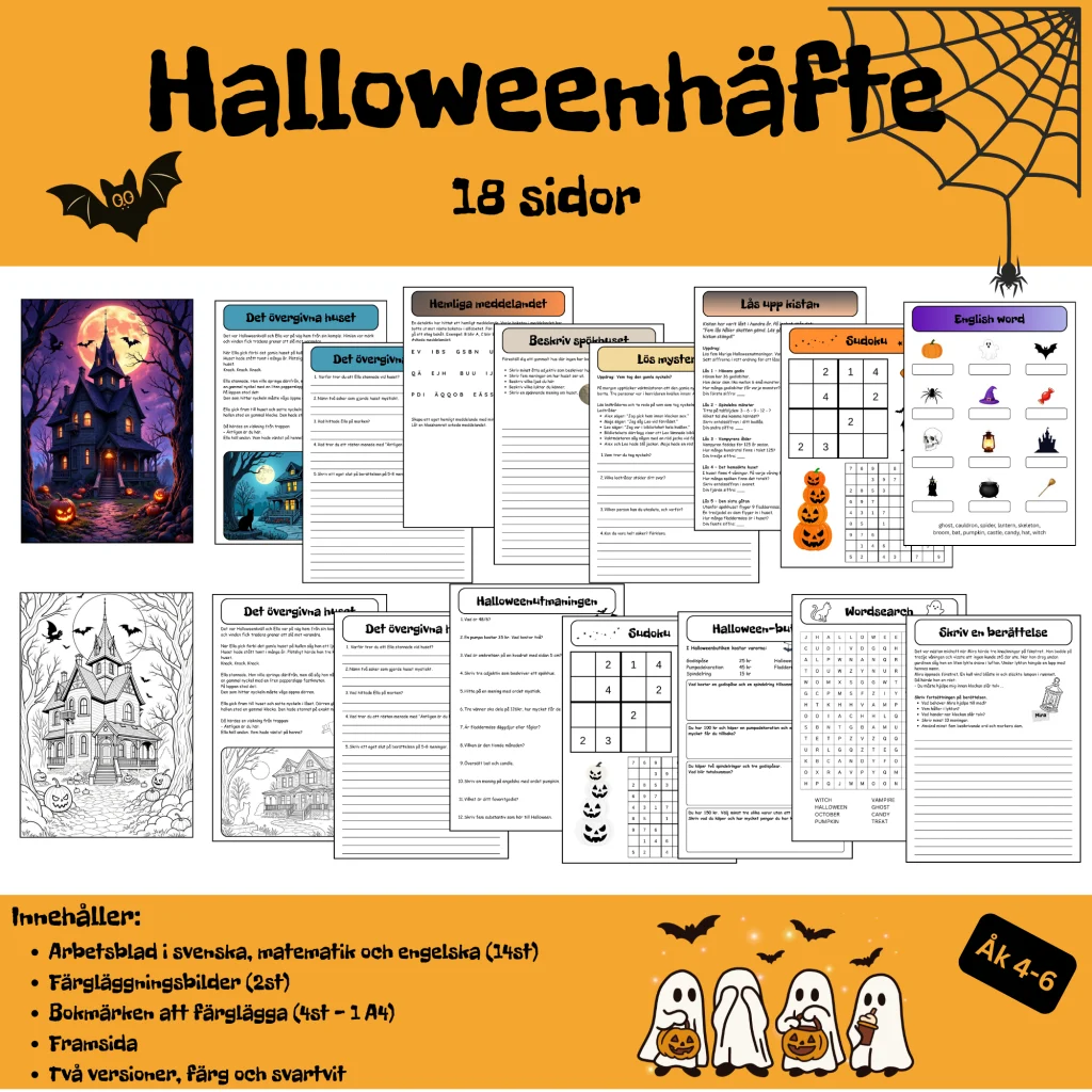 Halloweenhäfte åk 4–6 | Läsförståelse, matematik, logik, engelska och målarbilder