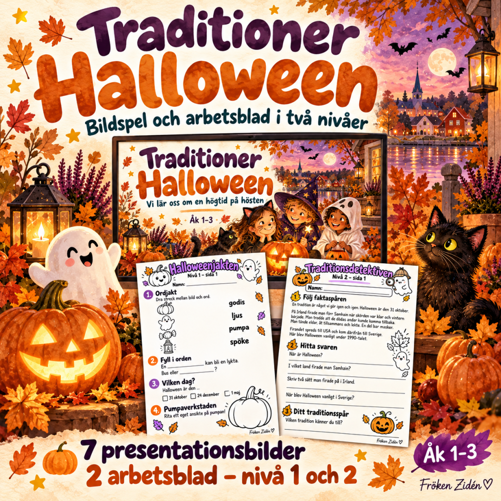 Traditioner – Halloween 🎃 Bildspel och arbetsblad i två nivåer för åk 1–3