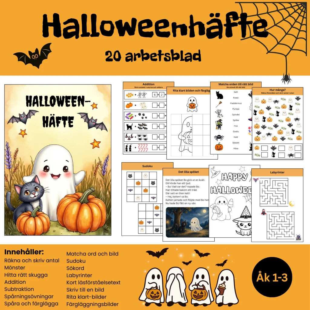 Halloweenhäfte åk 1-3 | Matematik, svenska, färgläggning och kluriga uppgifter