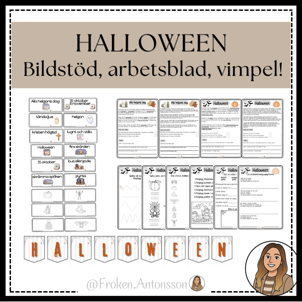 HALLOWEEN – 15 blandade uppgifter, vimpel och bildstöd!