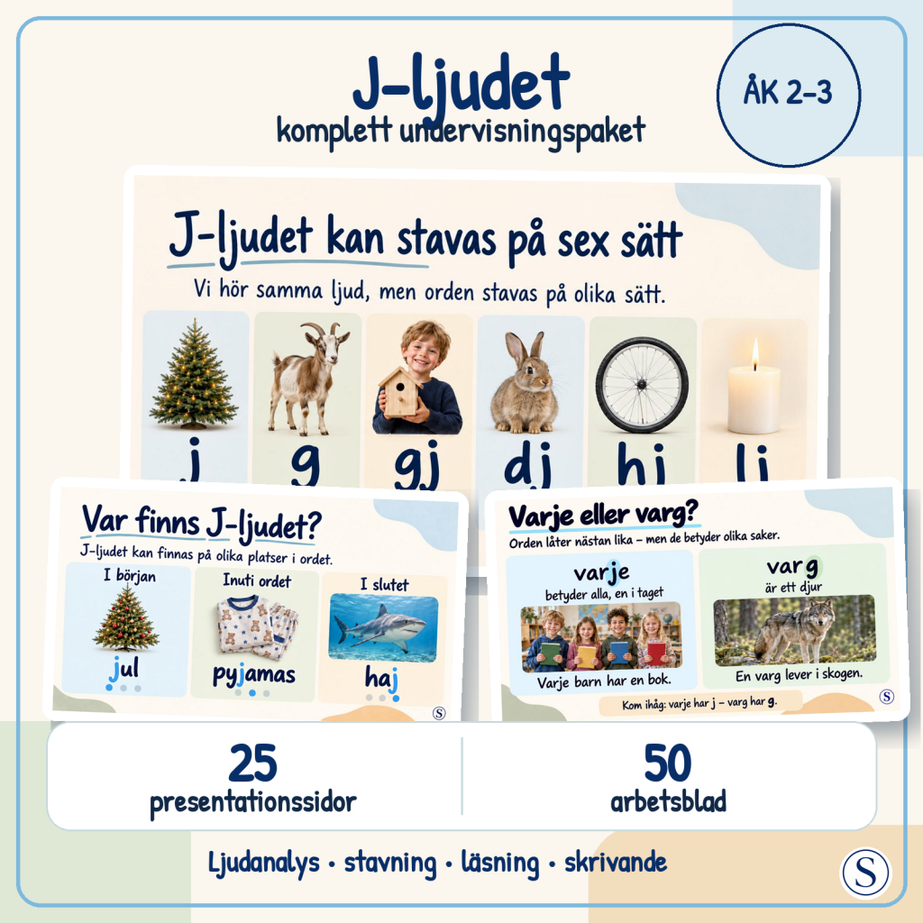 J-ljudet | Komplett undervisningspaket med presentation och 50 arbetsblad | Åk 2–3