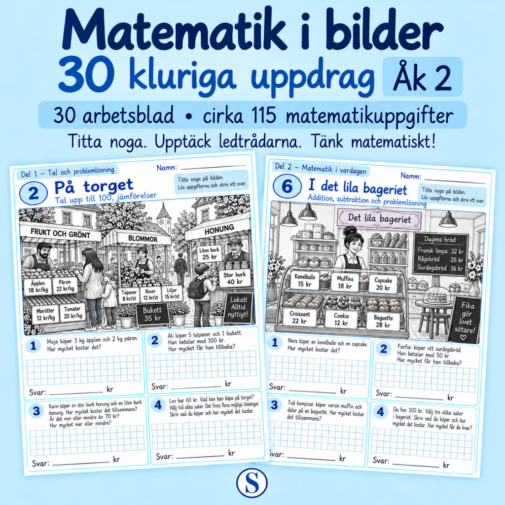 Matematik i bilder – 30 kluriga uppdrag | Åk 2