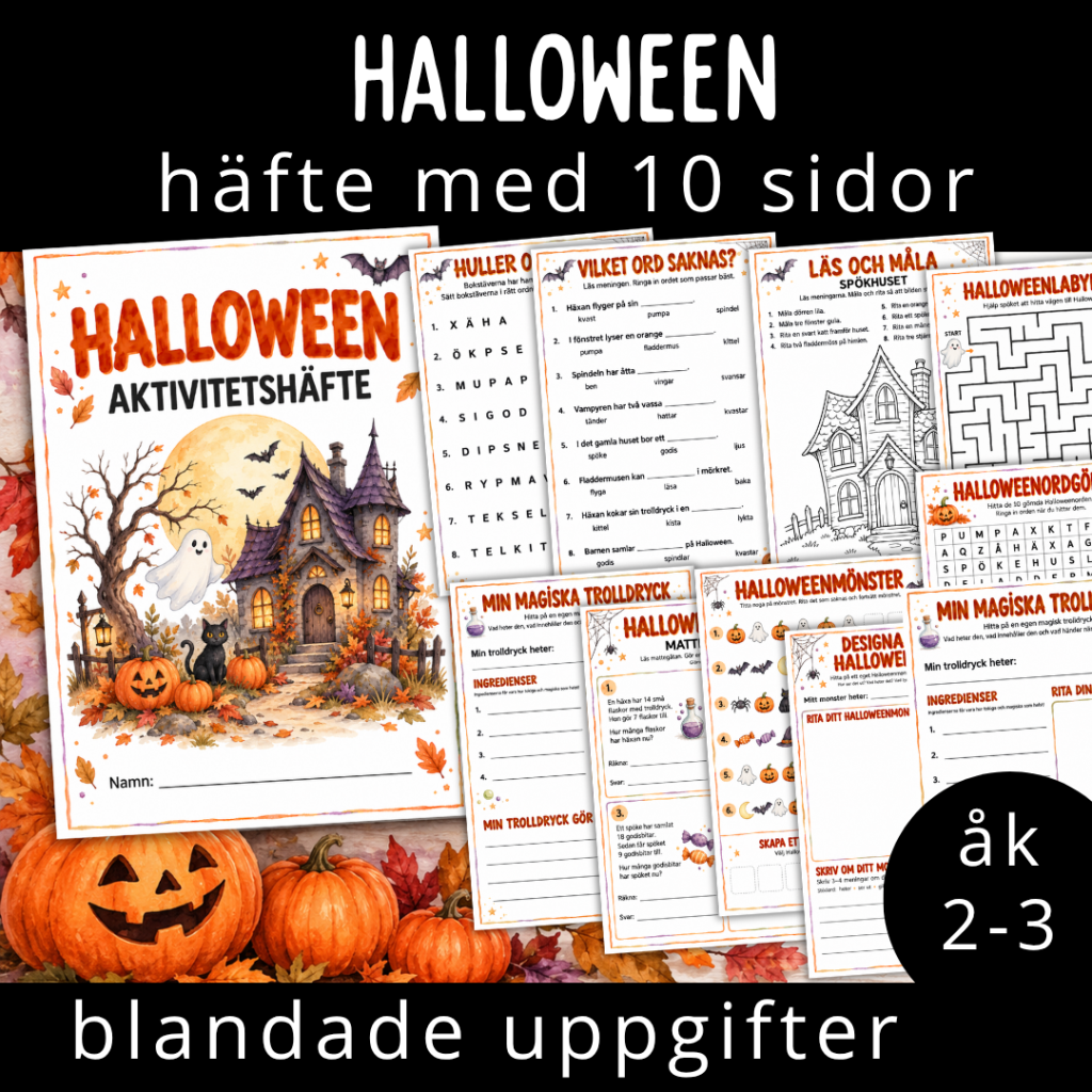 Halloweenhäfte med 10 sidor blandade uppgifter för åk 2-3