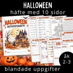 Halloweenhäfte med 10 sidor blandade uppgifter för åk 2-3