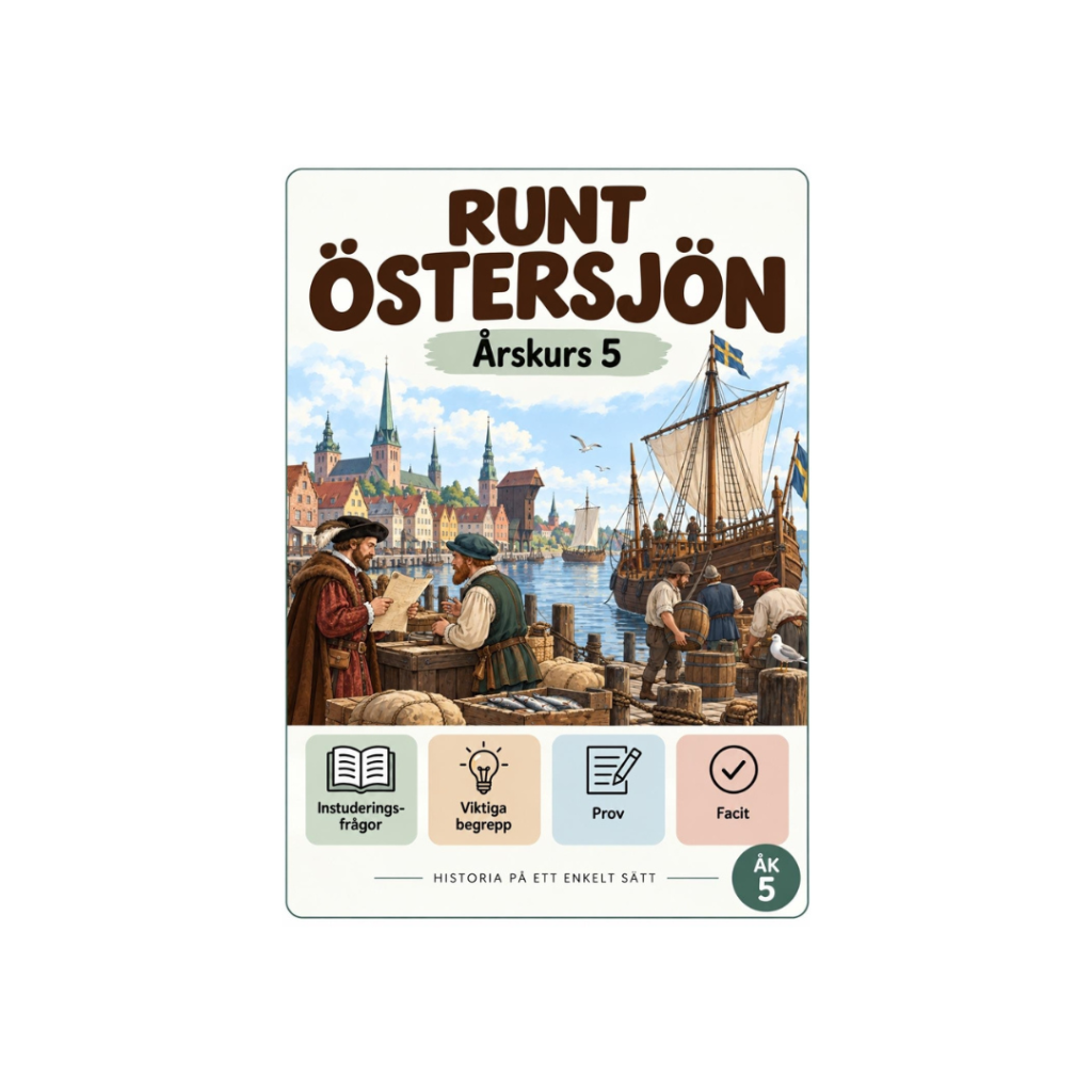 Runt Östersjön åk 5 – 30 instuderingsfrågor med bildstöd, begrepp, prov & facit