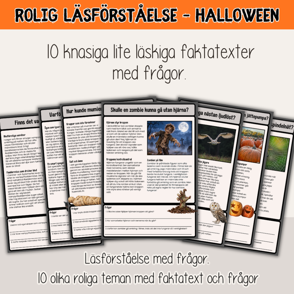 Halloween – Rolig läsförståelse – 10 knasiga och fascinerande faktatexter med frågor