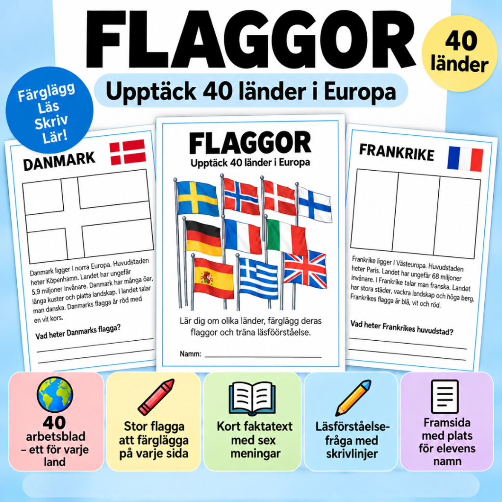 40 flaggor i Europa med faktatexter och frågor