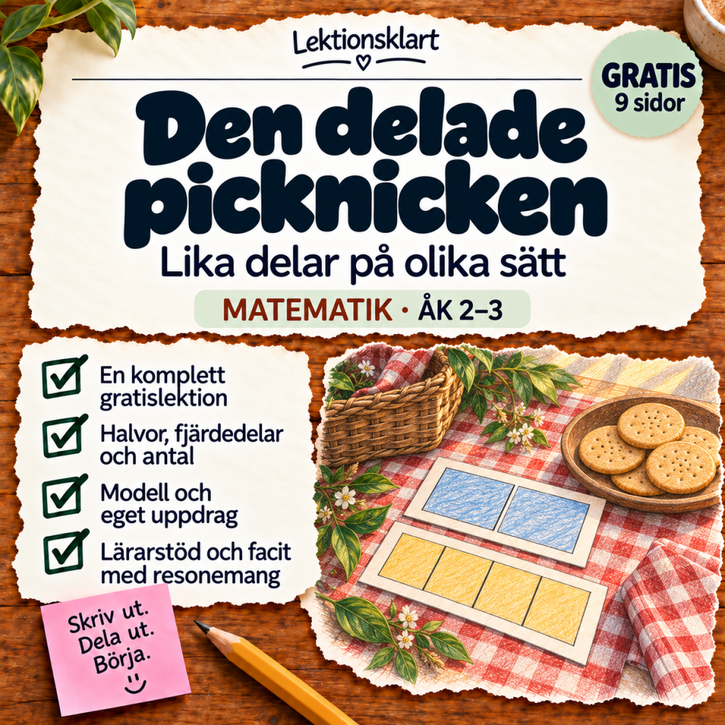 GRATIS – Den delade picknicken | Halvor och fjärdedelar | Matematik åk 2–3