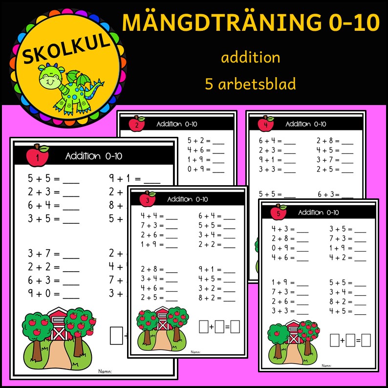 Mängdträning addition 0-10, 5 arbetsblad