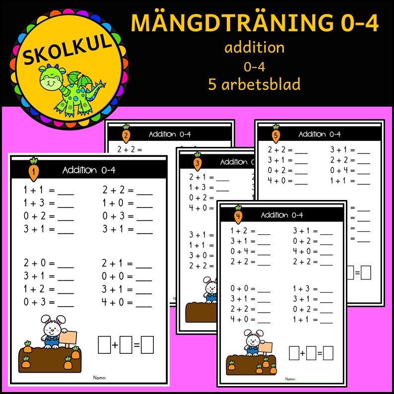Mängdträning addition 0-4, 5 arbetsblad