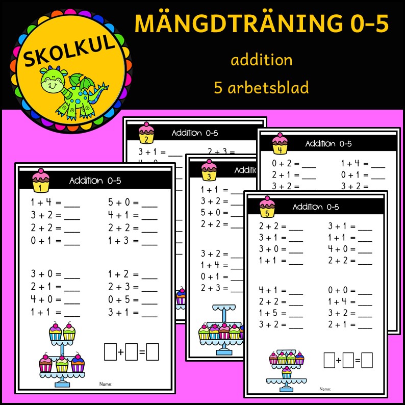 Mängdträning addition 0-5, 5 arbetsblad