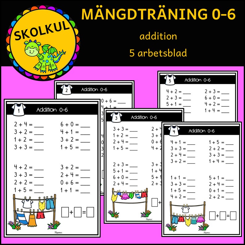 Mängdträning addition 0-6, 5 arbetsblad