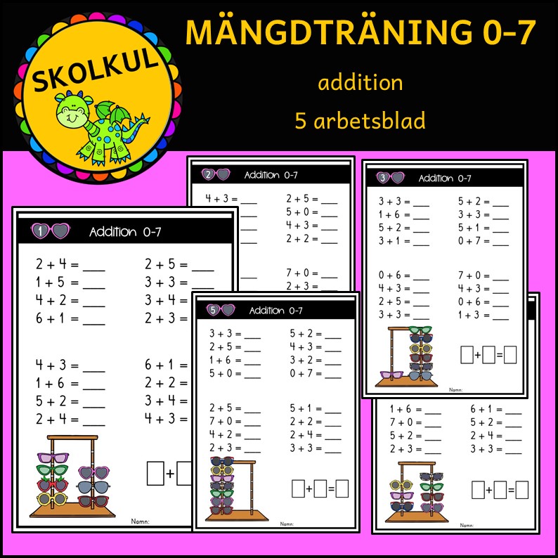Mängdträning addition 0-7, 5 arbetsblad