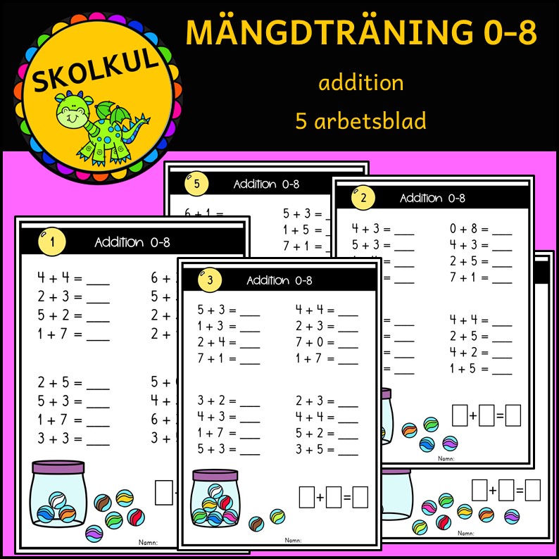 mängdträning addition 0-8, 5 arbetsblad