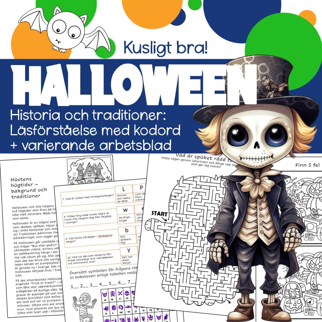 Halloweens historia och traditioner: Läsförståelse med kodord + varierande arbetsblad 15 sidor