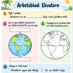Arbetsblad och poster om ekvatorn, gravitation och atmosfär.