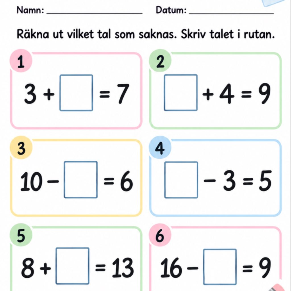 Okända tal arbetsblad!