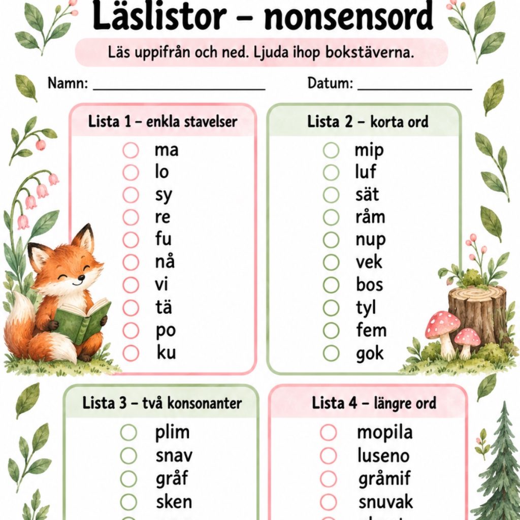 Läslistor med nonsens ord och riktiga ord!