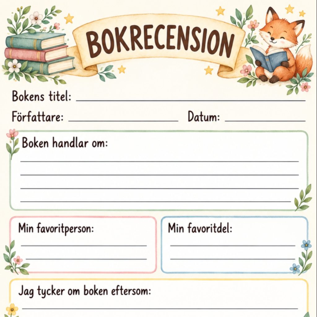Säljer ett bokrecension arbetsblad!