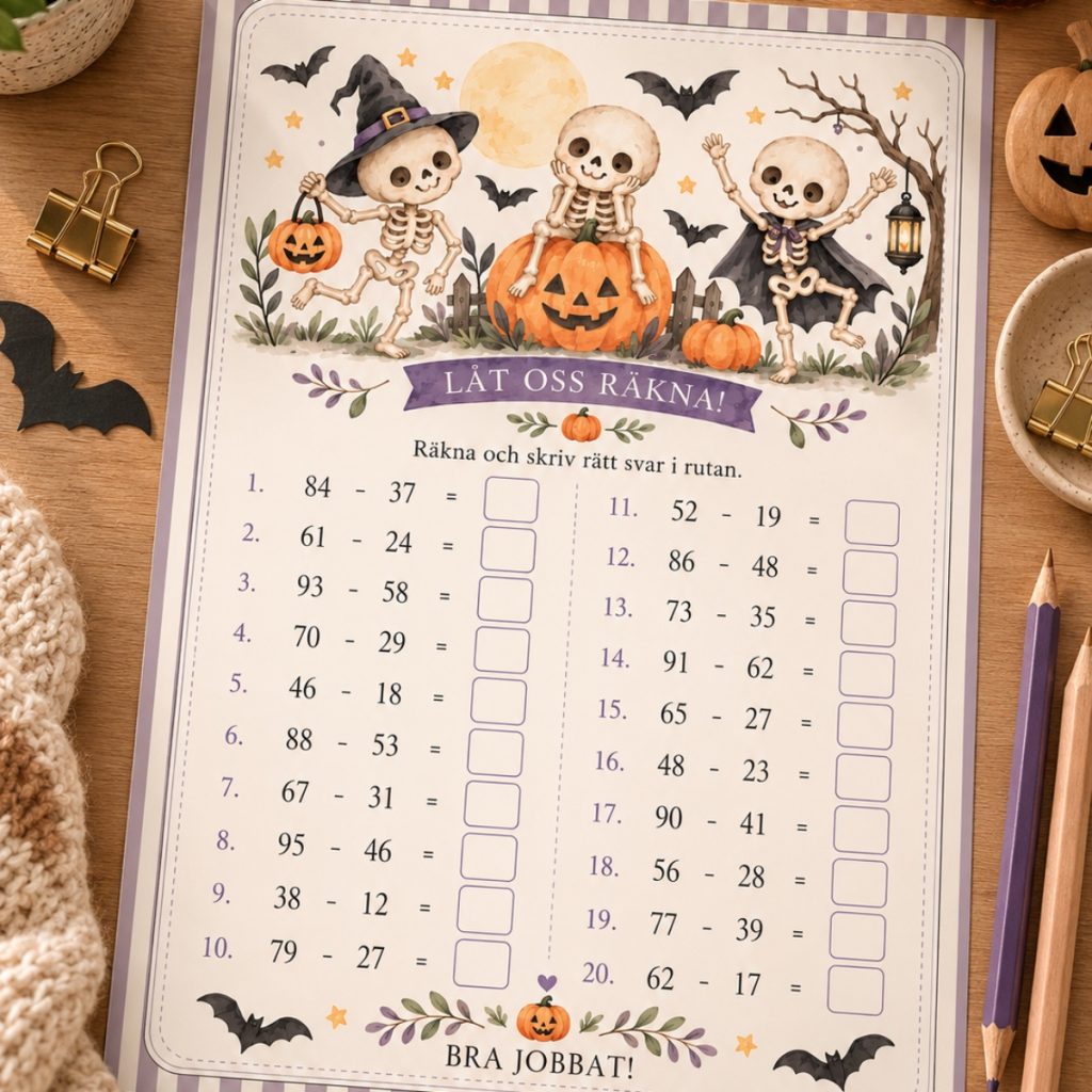 Matteblad Subtraktion – halloween tema